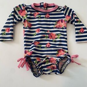 Ruffle Butts Navy Striped Floral Swimsuit 6-12 Months
